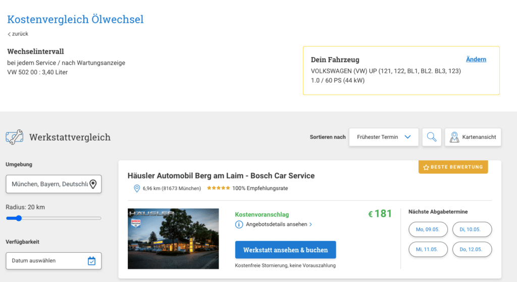 Kostencheck VW UP Ölwechsel