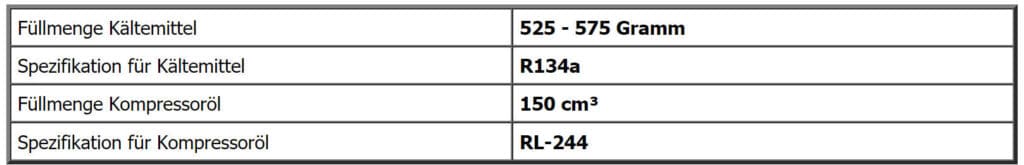 Angaben zur Füllmenge des Kältemittels in der Klimaanlage beim Daewoo Matiz
