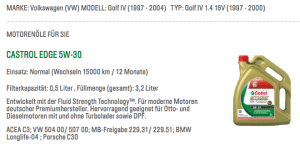 Motoröl- Füllmenge beim Golf 4